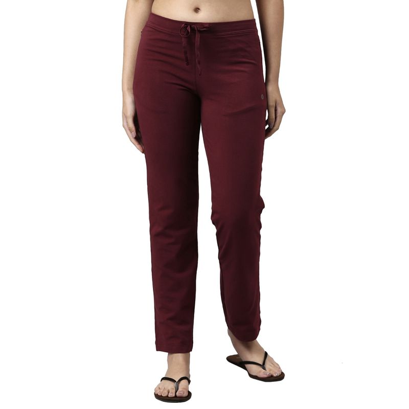 Enamor Womens E014-Mid Rise Slim Fit Basic Straight Leg Cotton Lounge Pants-Dry Blood (XL)