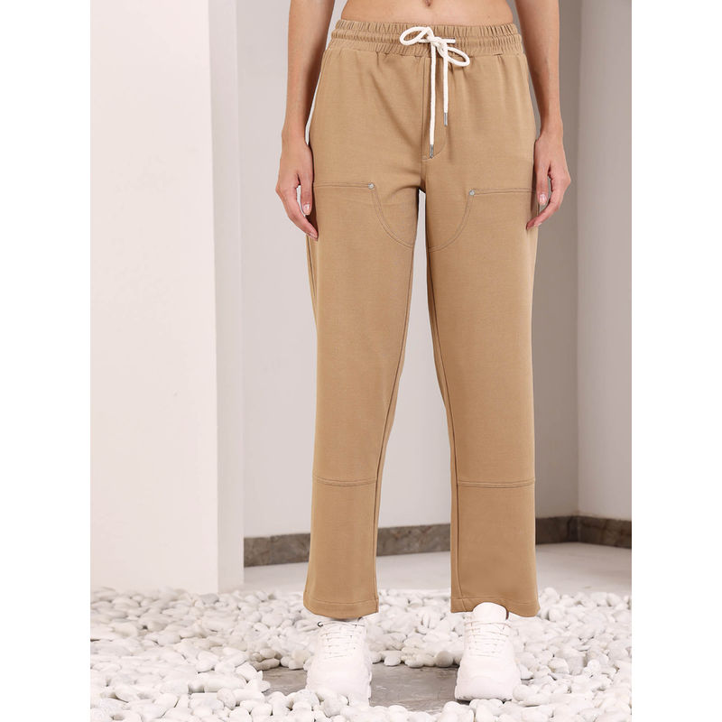 EVERDION Camel Brown Rivet Panelled Straight Track Pant (S)