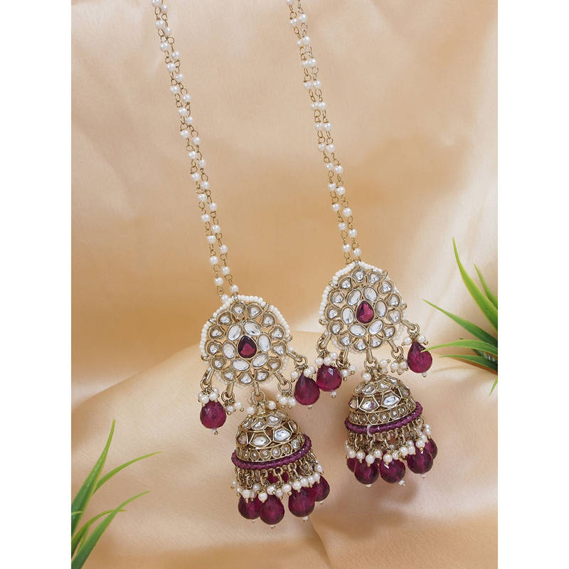 Traditional Kundan Pearl Jhumka Earrings with Attachable Ear Chain Wine