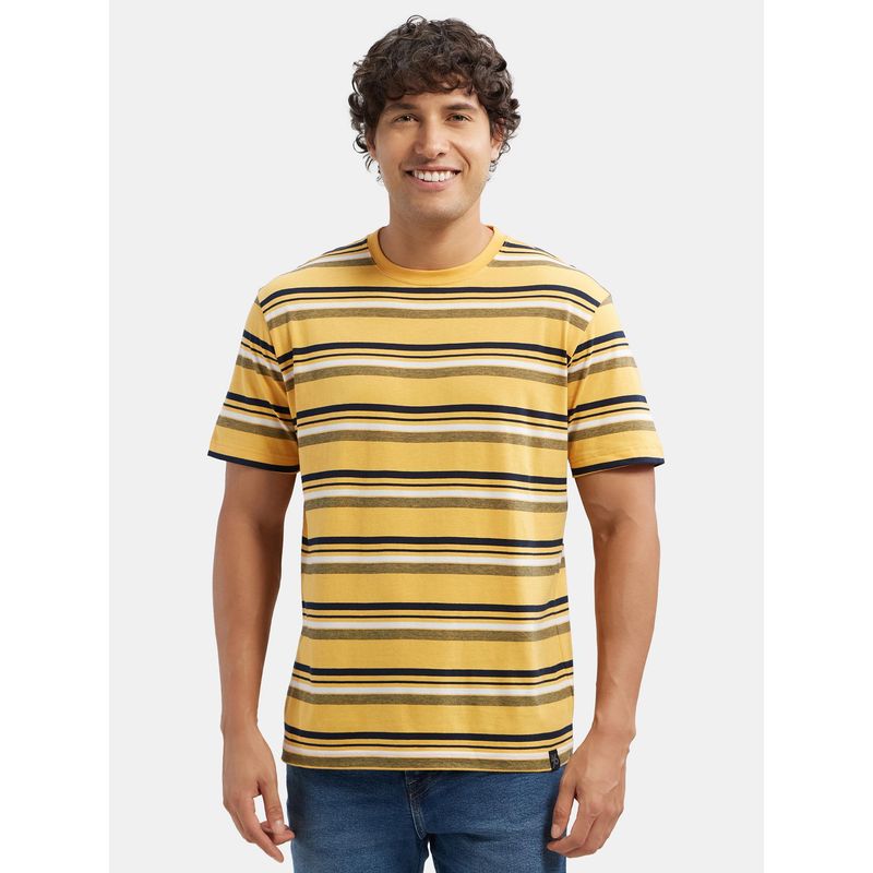 Jockey 2715 Men Cotton Rich Striped Round Neck T-Shirt - Burnt Gold - Navy - White (XL)