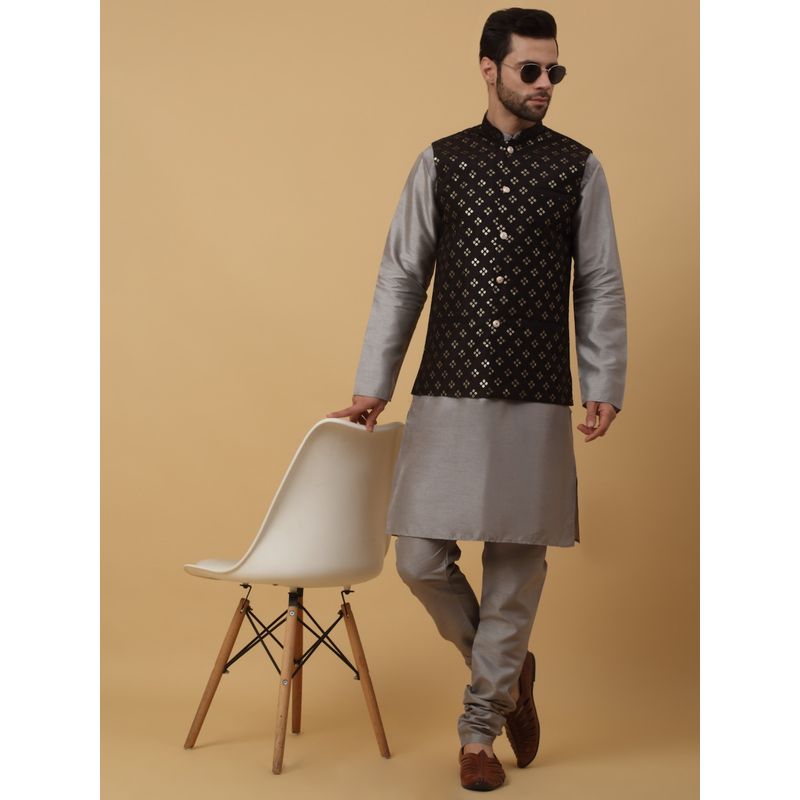 Kraft India Men Grey Kurta & Churidar with Sequenced Embroidered Black Nehru Jacket (Set of 3) (36)