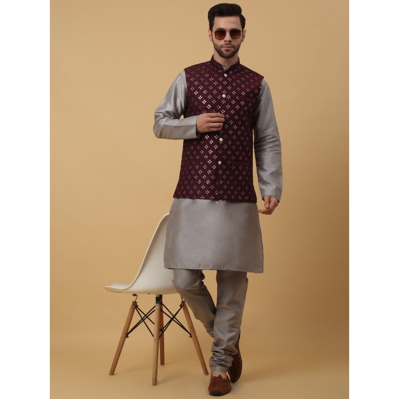 Kraft India Men Grey Kurta & Churidar with Sequenced Embroidered Purple Nehru Jacket (Set of 3) (36)