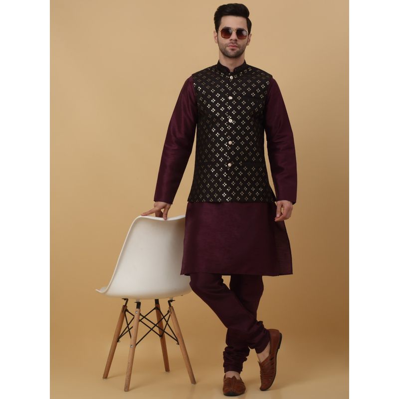 Kraft India Men Purple Kurta & Churidar with Embroidered Black Nehru Jacket (Set of 3) (36)