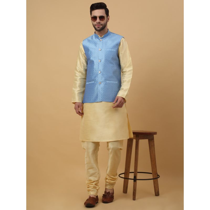 Kraft India Men Beige Kurta & Churidar with Sky Blue Nehru Jacket (Set of 3) (36)