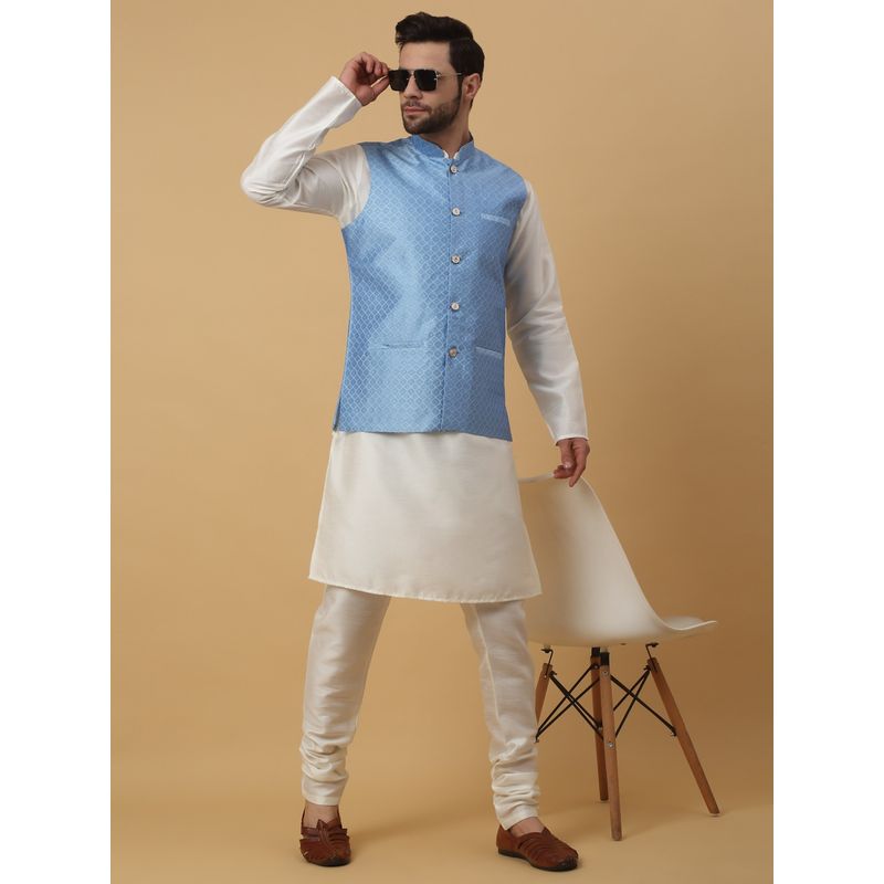 Kraft India Men Cream Kurta & Churidar with Sky Blue Nehru Jacket (Set of 3) (36)