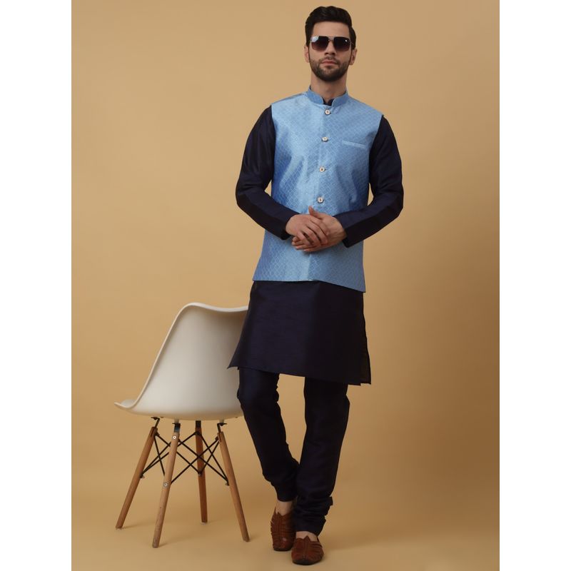 Kraft India Men Navy Blue Kurta & Churidar with Sky Blue Nehru Jacket (Set of 3) (36)