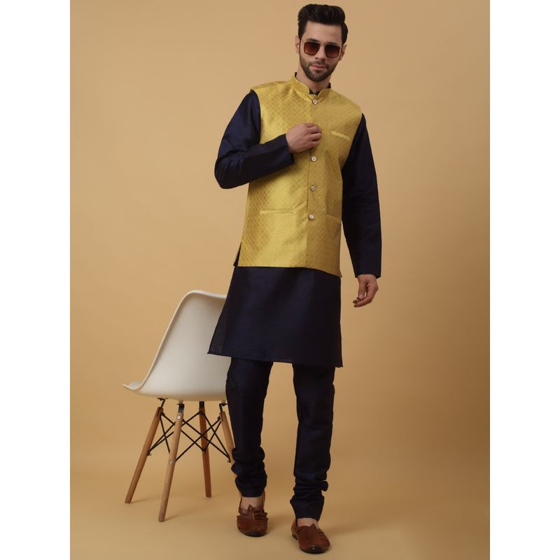 Kraft India Men Navy Blue Kurta & Churidar with Yellow Nehru Jacket (Set of 3) (38)
