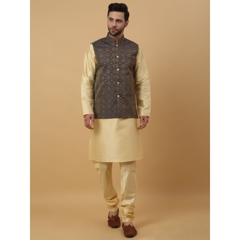 Kraft India Men Beige Kurta & Churidar with Jacquard Blue Nehru Jacket (Set of 3) (36)