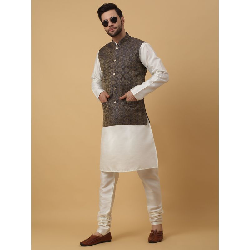 Kraft India Men Cream Kurta & Churidar with Jacquard Blue Nehru Jacket (Set of 3) (40)