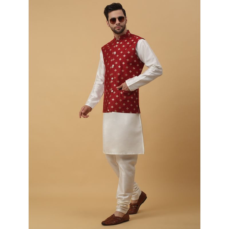 Kraft India Men Cream Kurta & Churidar with Jacquard Red Nehru Jacket (Set of 3) (38)