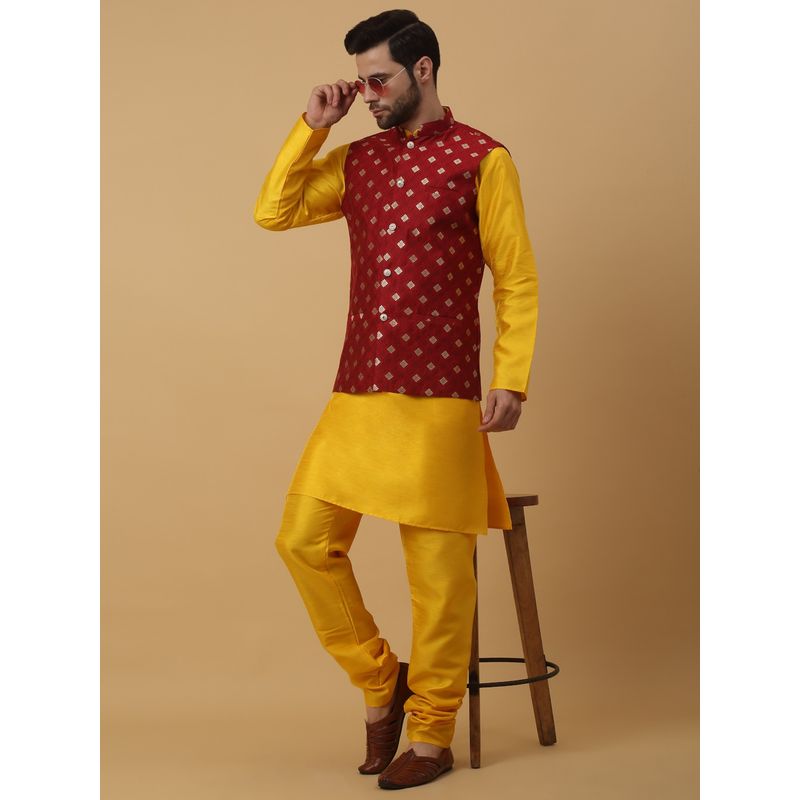 Kraft India Men Yellow Kurta & Churidar with Jacquard Red Nehru Jacket (Set of 3) (40)