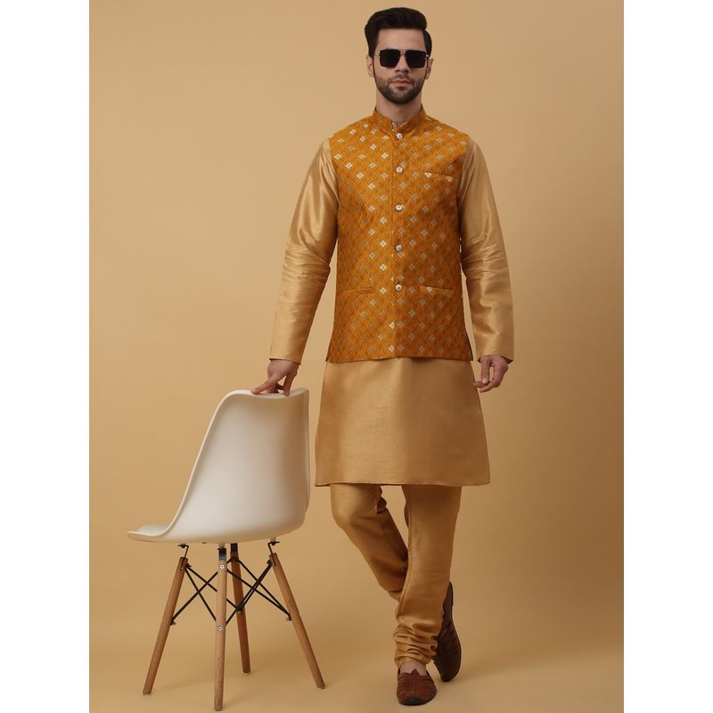 Kraft India Men Gold Toned Kurta & Churidar with Jacquard Red Nehru Jacket (Set of 3) (36)