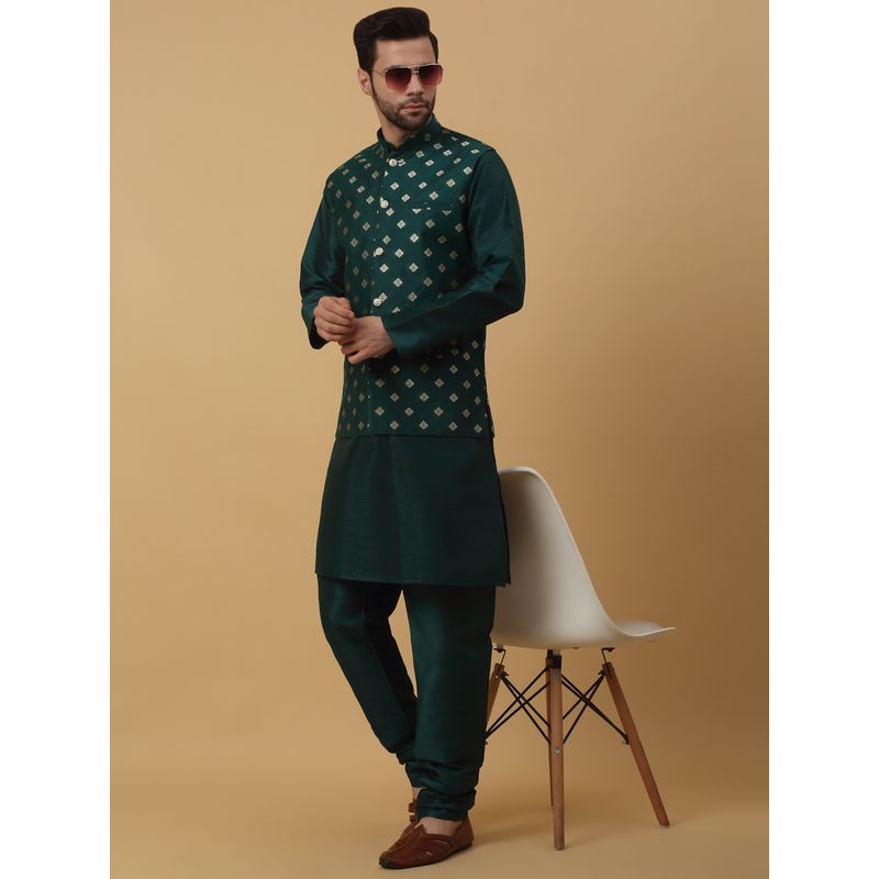 Kraft India Men Green Toned Kurta & Churidar with Jacquard Green Nehru Jacket (Set of 3) (36)