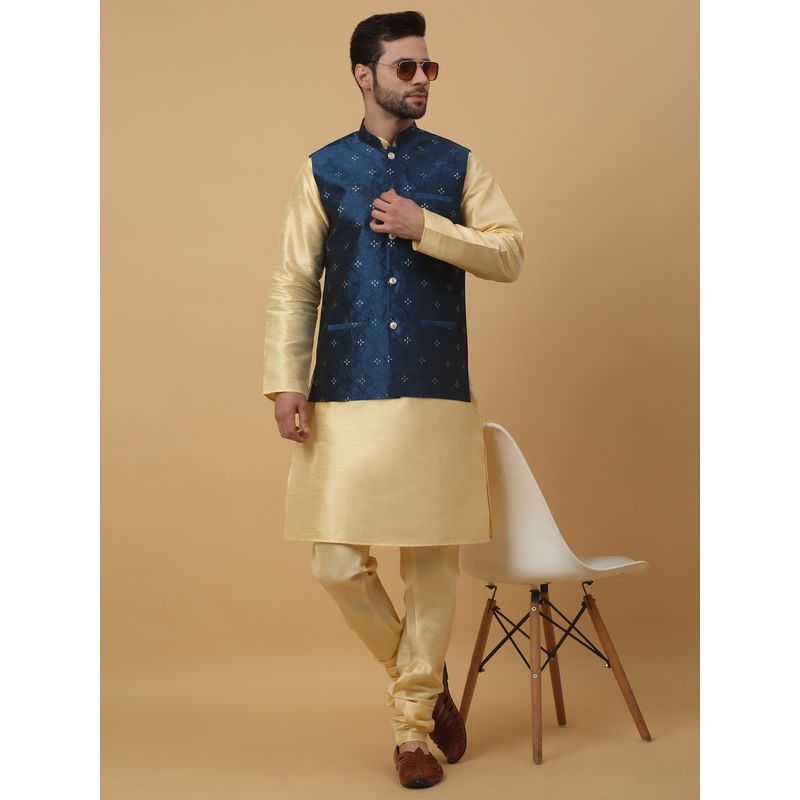 Kraft India Men Beige Kurta & Churidar with Jacquard Blue Nehru Jacket (Set of 3) (38)