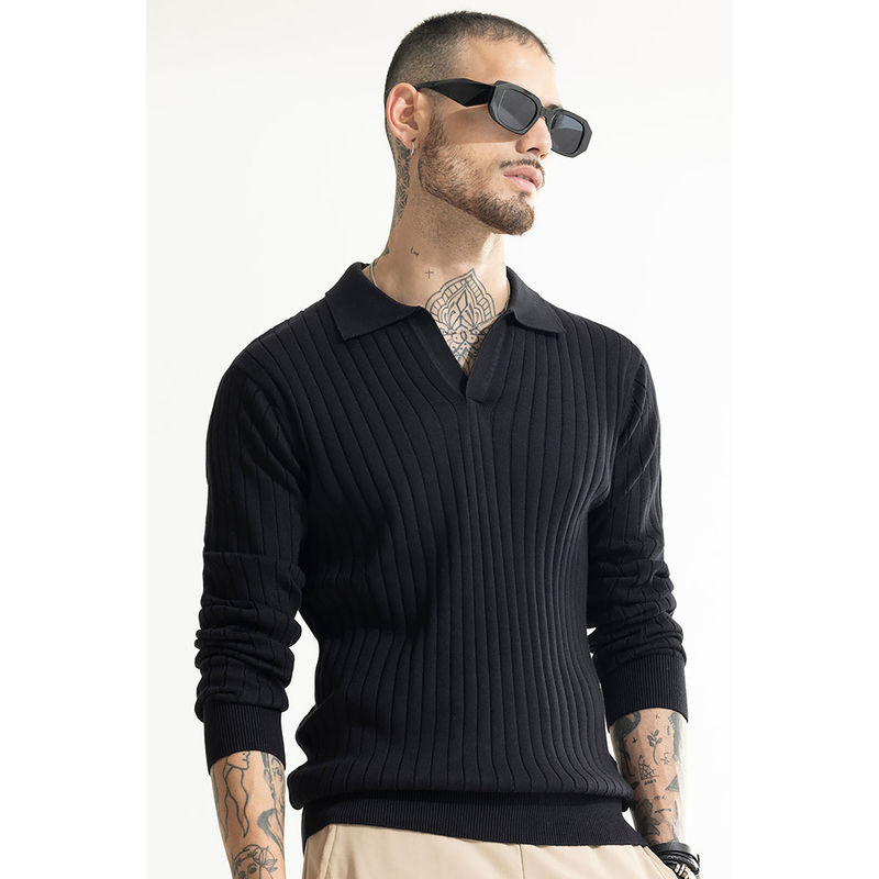 Snitch Chunky Ribbed Knitted Black Polo T-Shirt (M)
