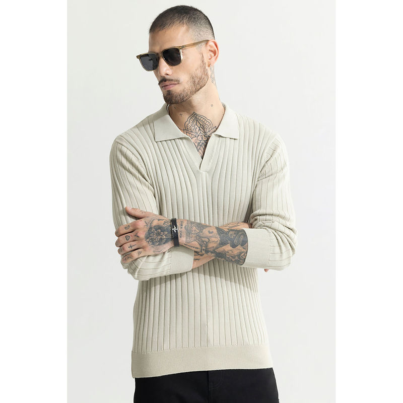 Snitch Chunky Ribbed Knitted Cream Polo T-Shirt (M)