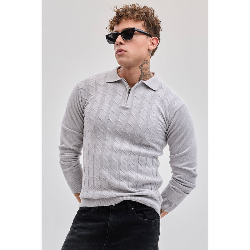 Snitch Light Grey Zipper Knitted Polo T-Shirt (S)