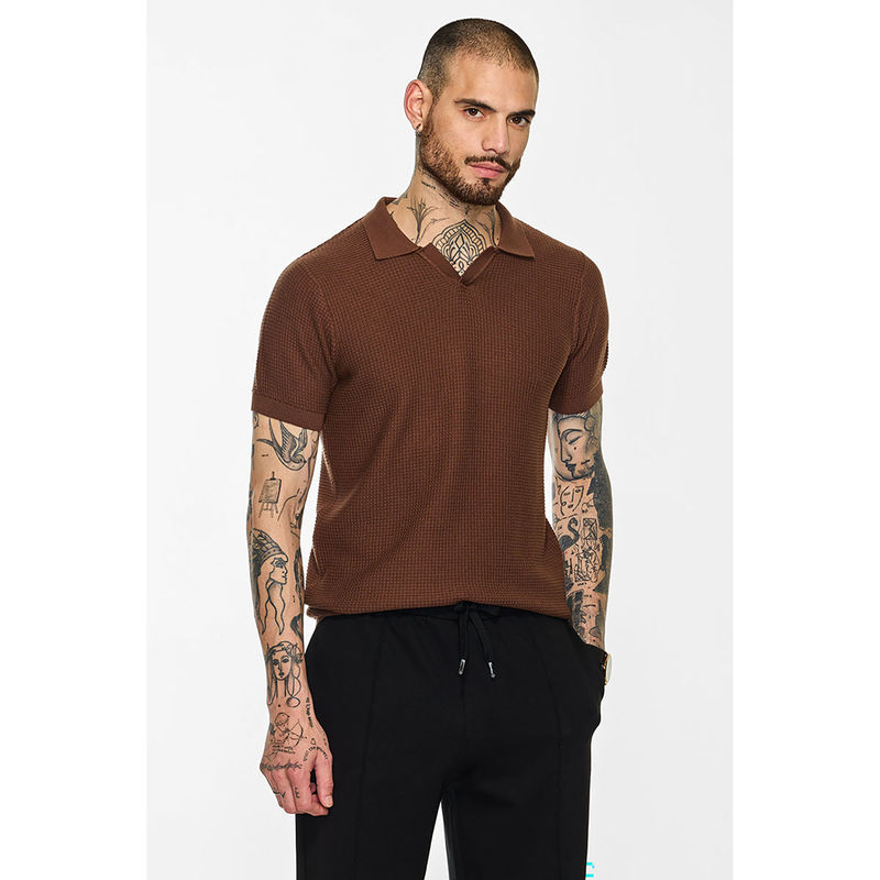 Snitch Core Lab Brown Self-Design Polo T-Shirt (XL)