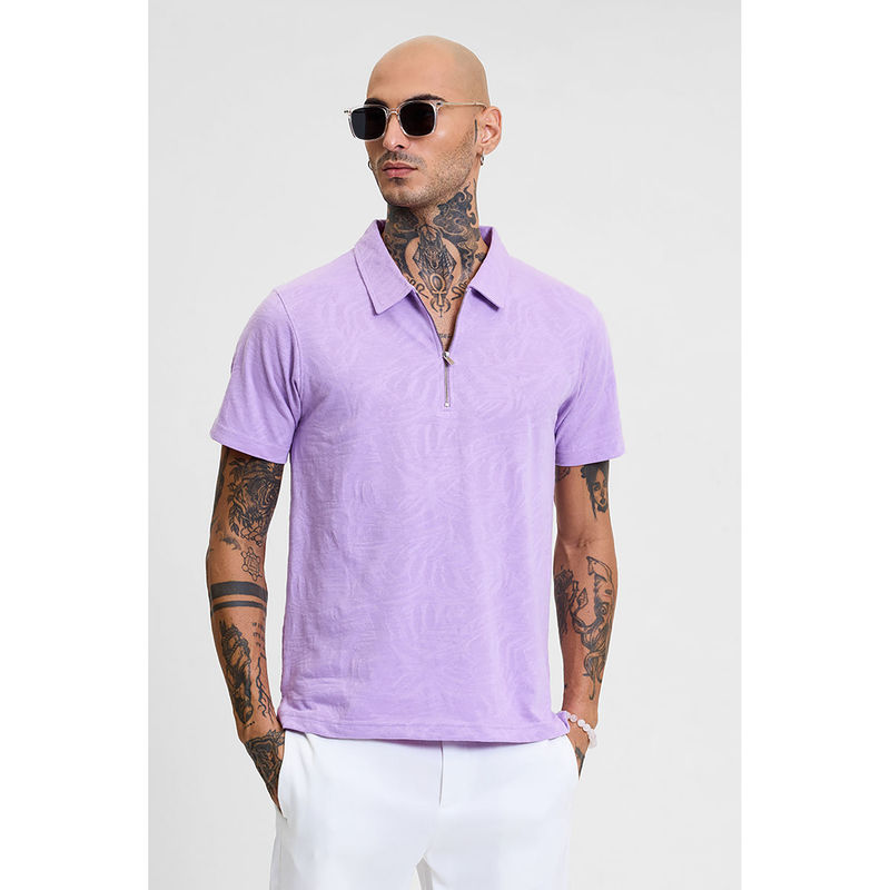 Snitch Lavender Self-Design Zipper Polo T-Shirt (XL)