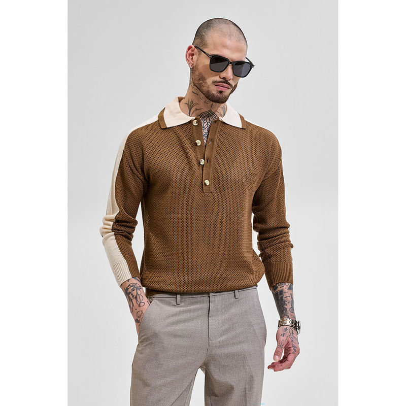 Snitch Brown Colourblocked Polo T-Shirt (XL)
