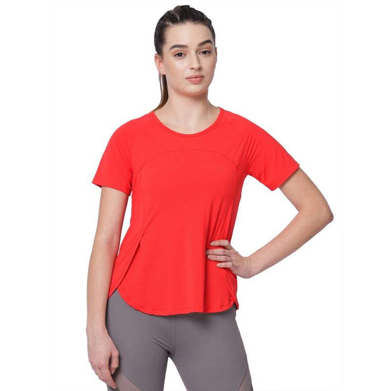 Fitkin Women Red Side Overlap Style T-Shirt (S)