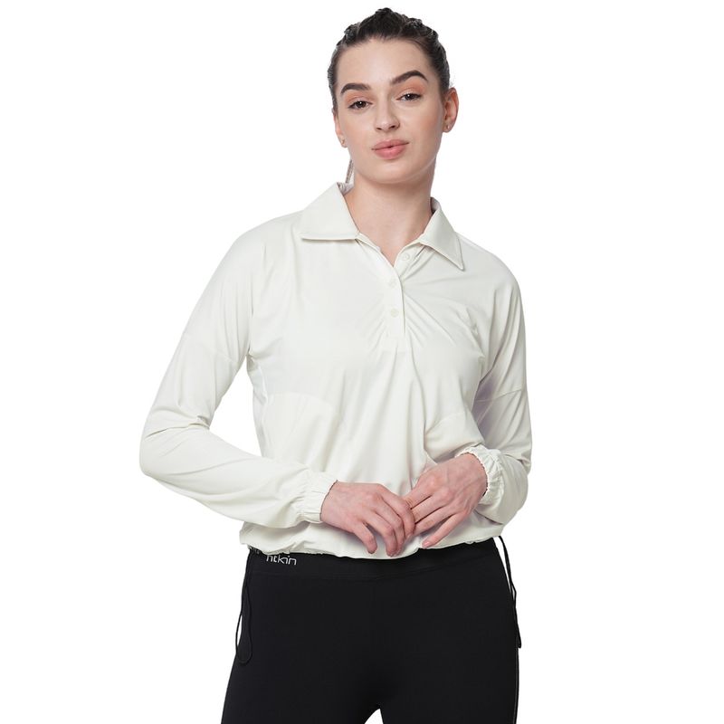 Fitkin Women White Polo Neck T-Shirt (M)