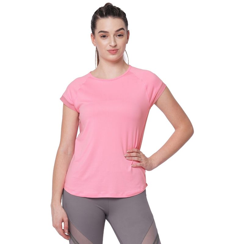 Fitkin Women Pink Side Net Panel Detail T-Shirt (M)