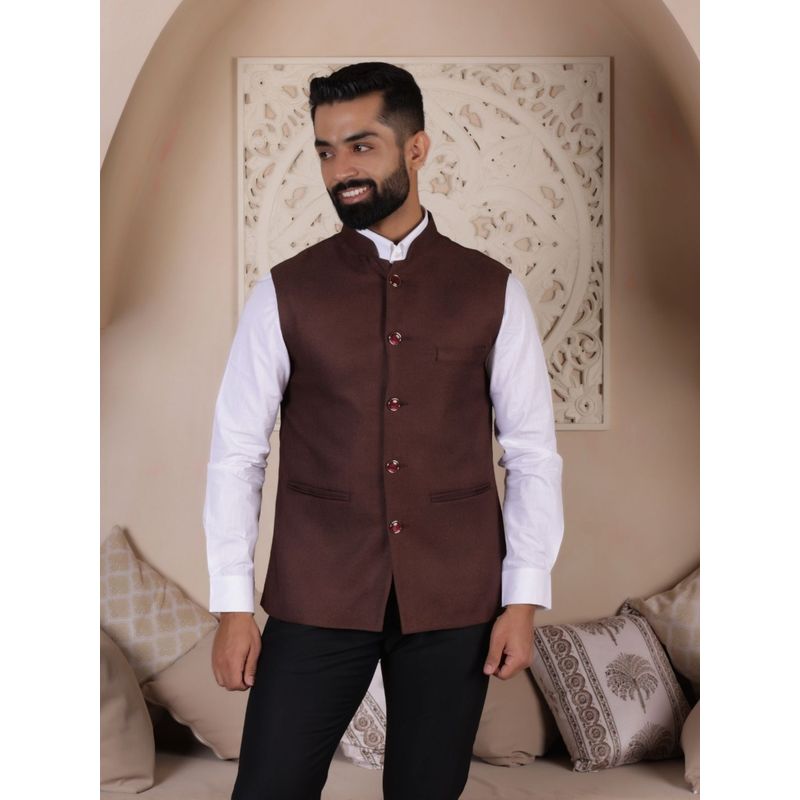 Lightpole Men Brown Solid Nehru Jacket (XL)