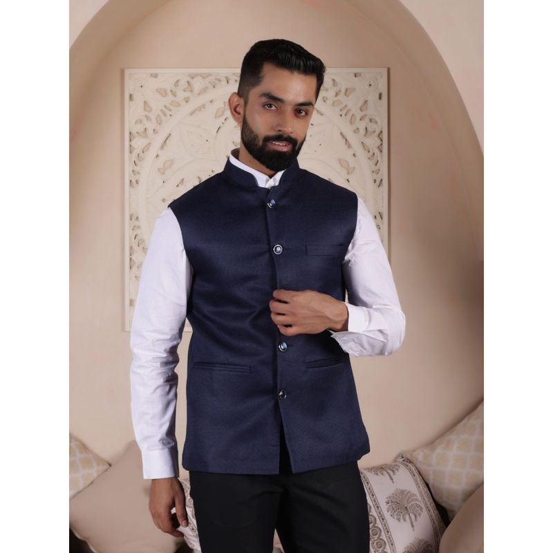 Lightpole Men Blue Solid Nehru Jacket (L)