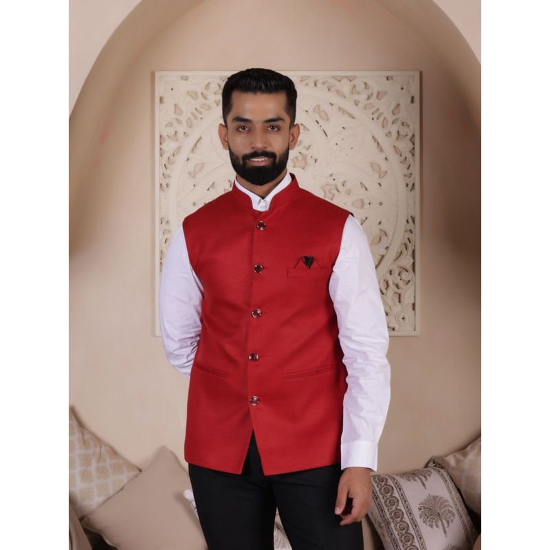 Lightpole Men Red Solid Nehru Jacket (M)