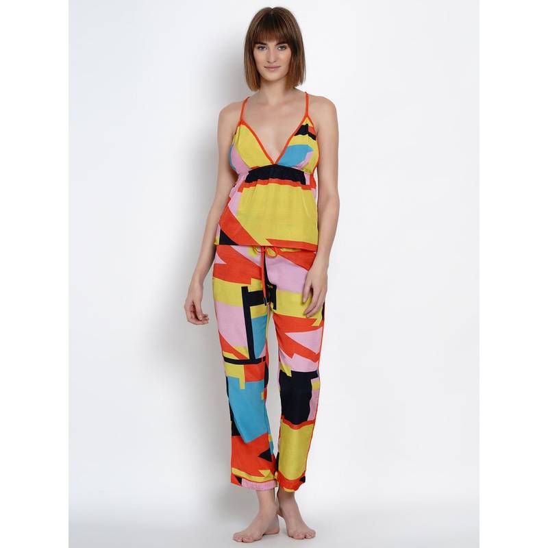 AOBA Women Yellow & Orange Colourblocked Night suit (L)