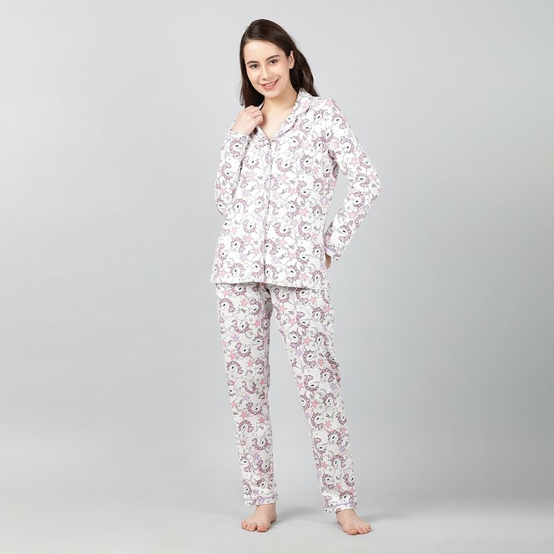 Mackly Womens Printed Nightsuit - White (Set of 2) (XS)