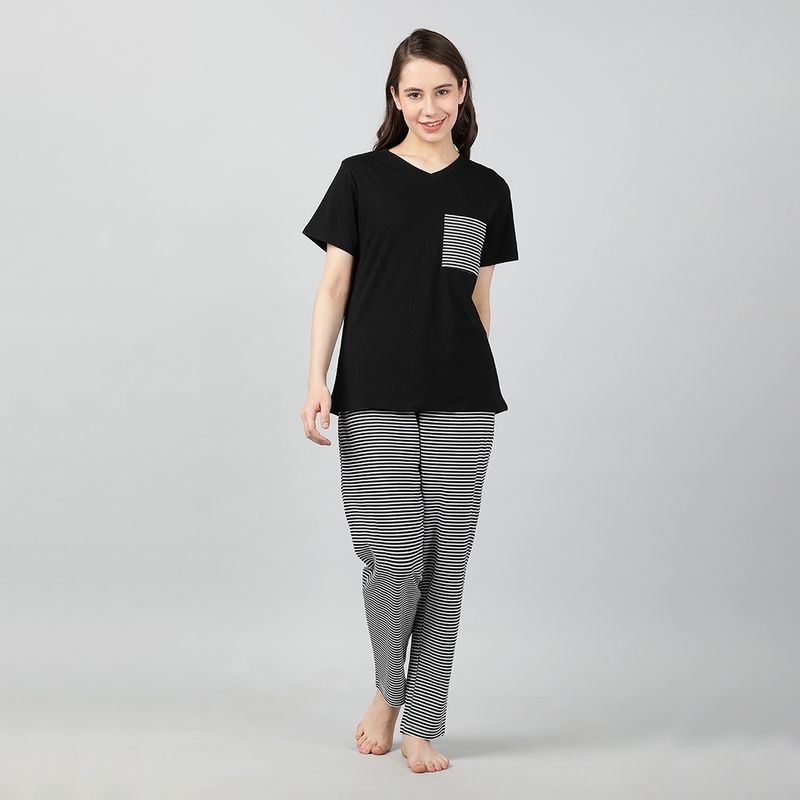 Mackly Womens Printed Nightsuit - Black (Set of 2) (XS)