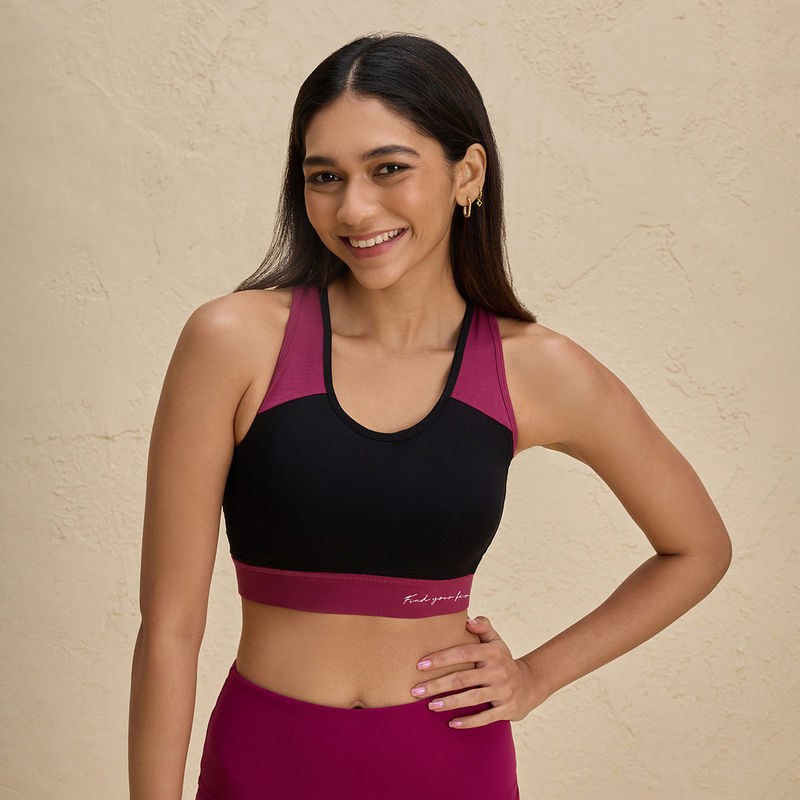 Nykd By Nykaa Essential Breathable Cotton Slip On Color Block Sports Bra-NYK904-Jet Black (2XL)