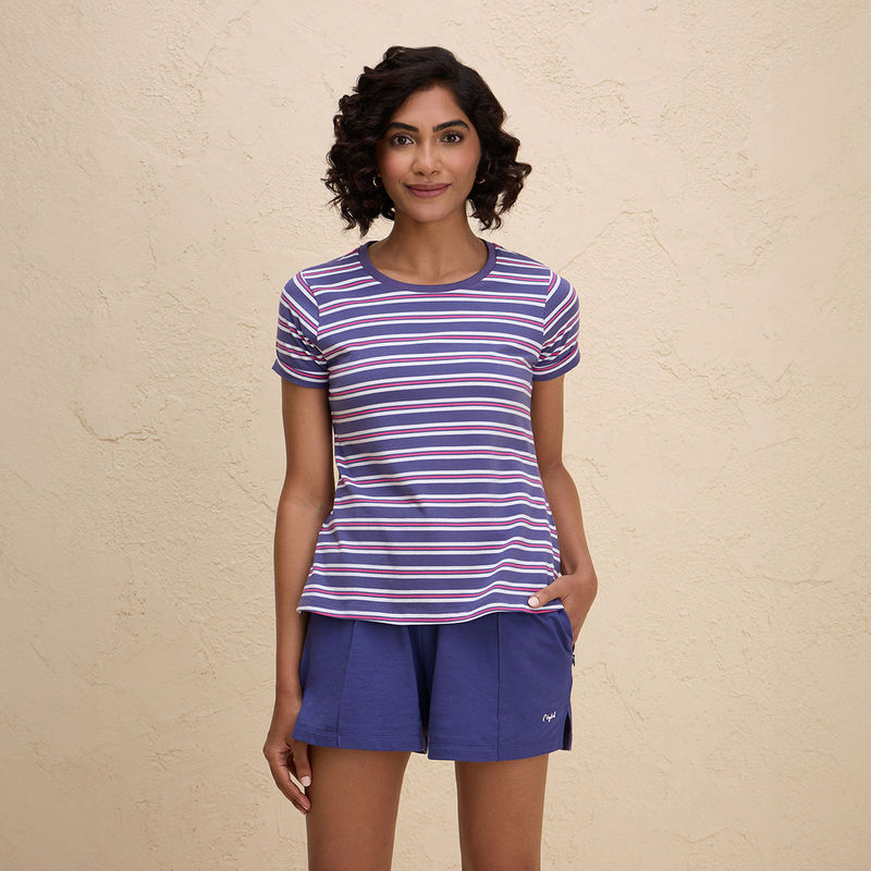 Nykd By Nykaa Breathable Cotton Tee with 2 Degree Cooling Tech-NYLE605-Blue White Stripe (2XL)