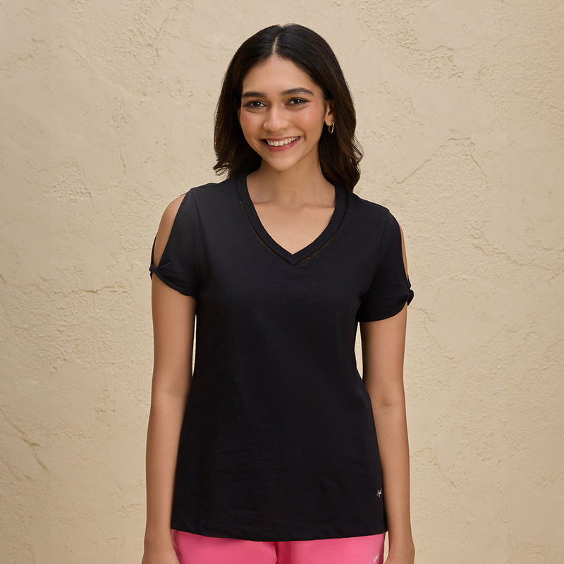 Nykd By Nykaa Summer Essential Super Comfy Relaxed V Neck Slub Cotton Tee-NYLE513-Black (2XL)