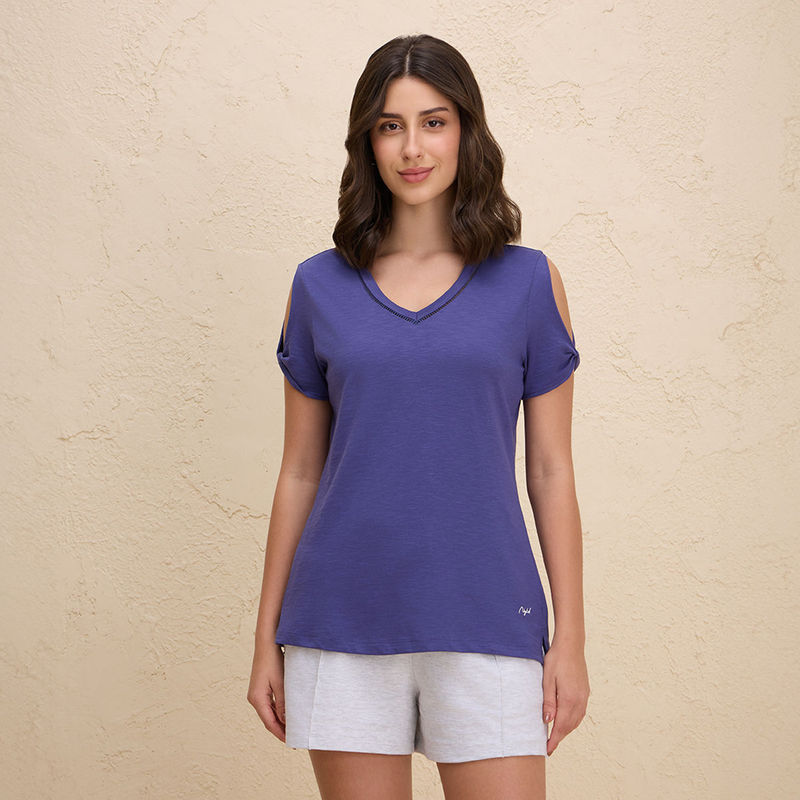 Nykd By Nykaa Summer Essential Textured V Neck Cotton Tee-NYLE513-Blue (2XL)