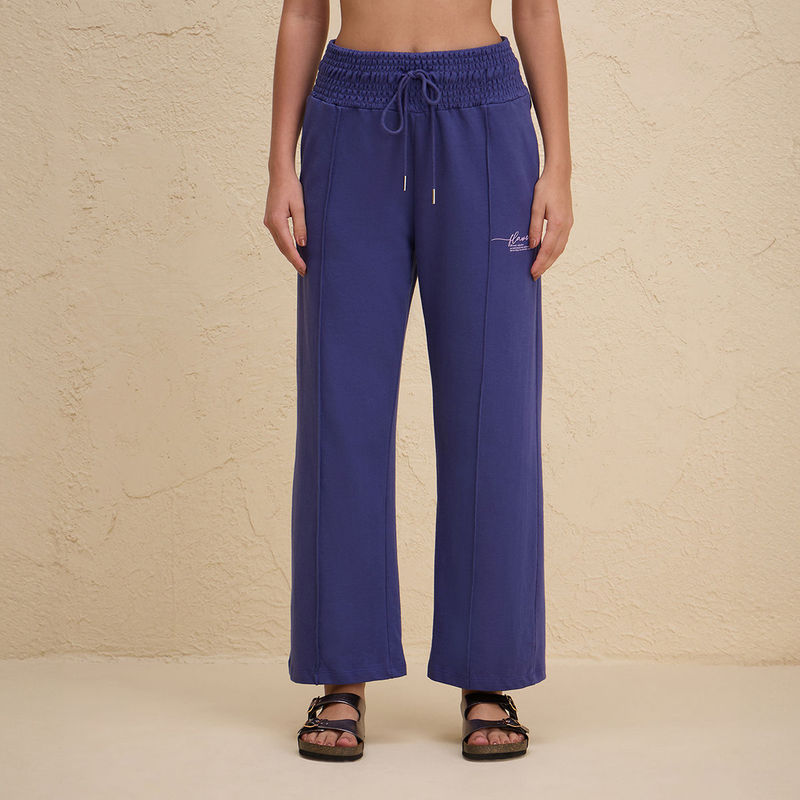 Nykd By Nykaa Smocked Waist Cotton French Terry Straight Lounge Pants NYLE604 Blue (M)