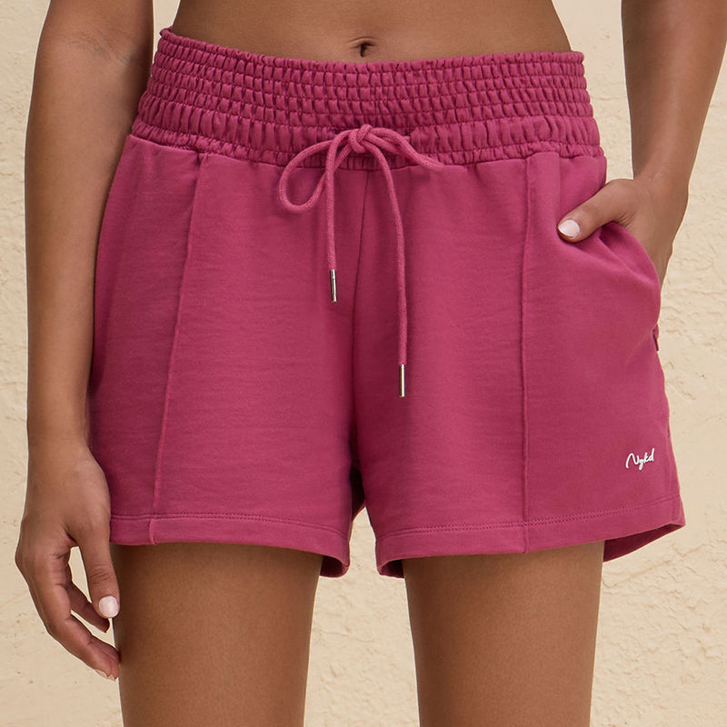 Nykd By Nykaa Summer Essential Smocked Waist Lounge Cotton Terry Shorts-NYLE603-Grape (2XL)