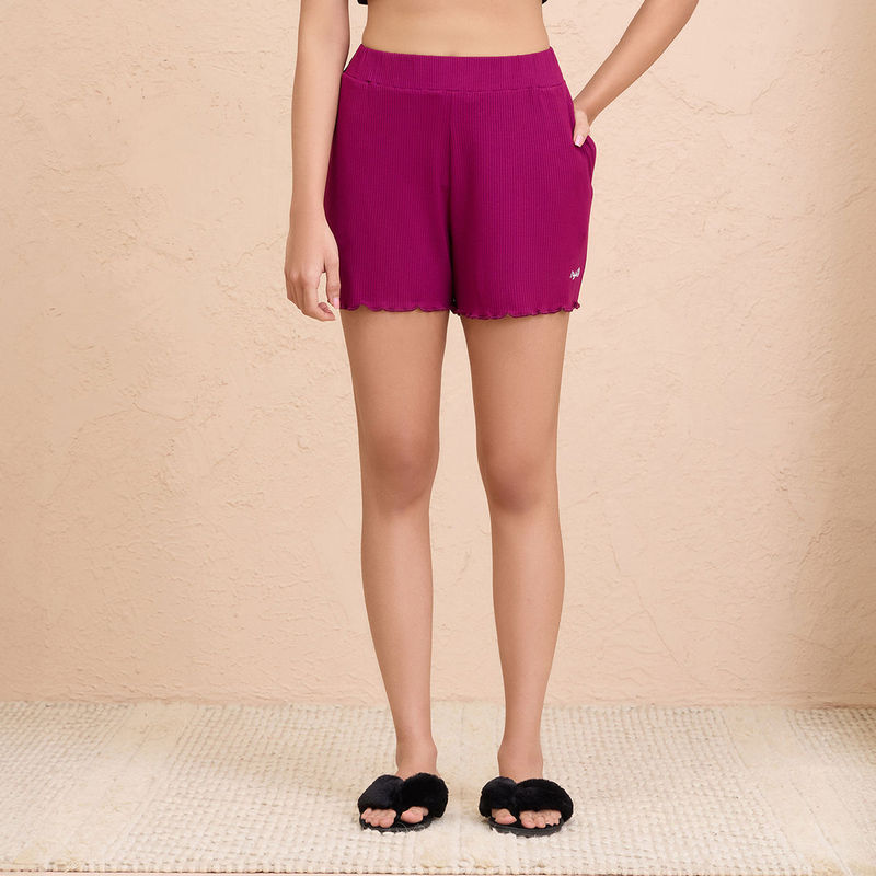 Nykd By Nykaa Summer Essential Soft and Comfy Breathable Rib Lounge Shorts-NYS910-Wine (2XL)