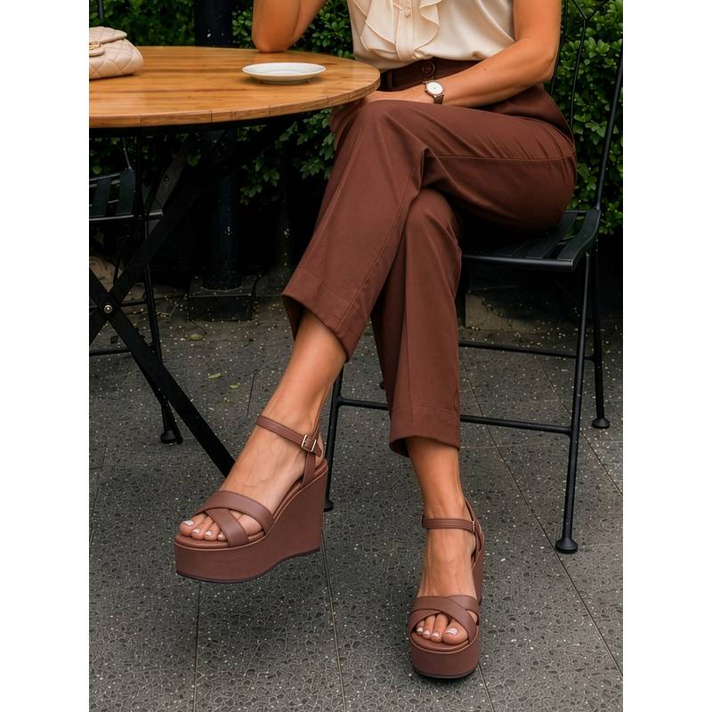 Louis Stitch Women's Cross-Strap Brown Wedge Heels (UK 3)