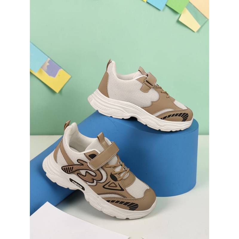 Truffle Collection Beige Mesh Top Design And Durable Sole Velcro Sneakers (EURO 32)