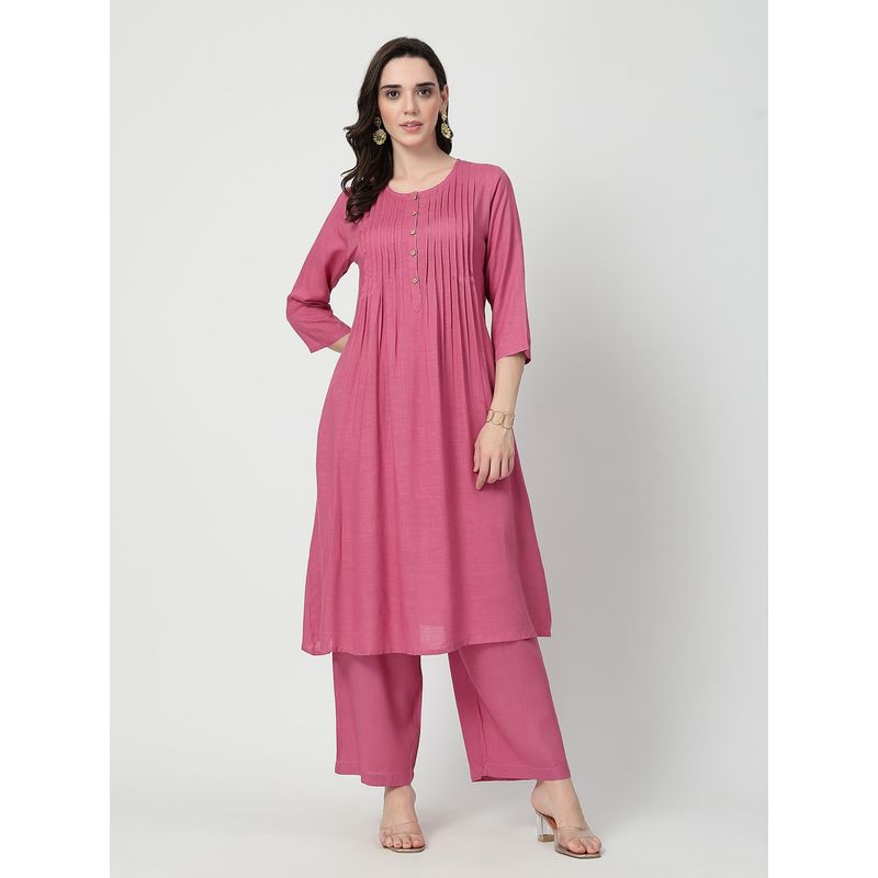 Zelena Pink Rayon Maternity Feeding Front Button Kurta and Pant (M)