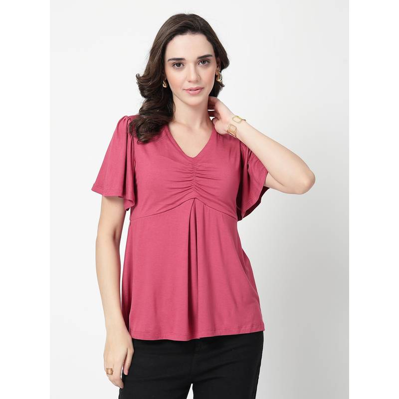 Zelena Pink Viscose In-Built Bra Feeding Zip Maternity Top (2XL)