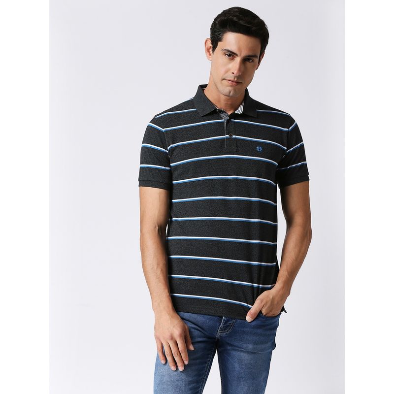 Dragon Hill Half Sleeves Anthra Charcoal Striped Pique Polo T-Shirt (XL)