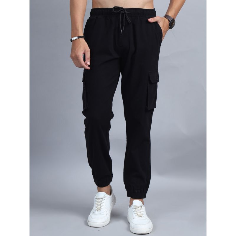 SILISOUL Men Black Regular Fit Solid Cotton Cargo Trousers (30)