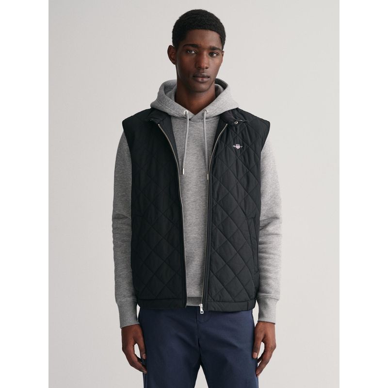 GANT Men Black Solid Stand Collar Sleeveless Bomber Vest Jacket (L)