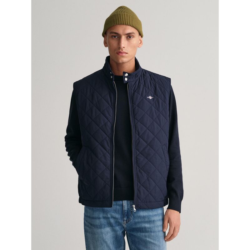 GANT Men Blue Solid Stand Collar Sleeveless Bomber Vest Jacket (2XL)