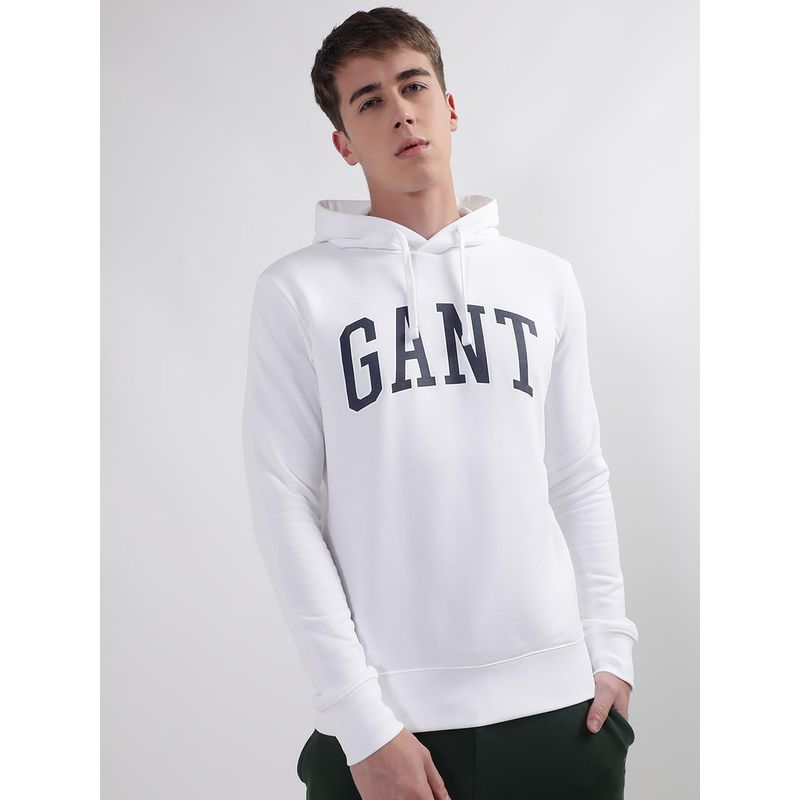 GANT Men White Printed Hooded Full Sleeves Pullover Style Sweatshirt (S)