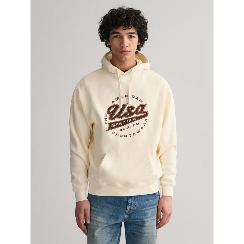 GANT Men Cream Embroidered Hooded Full Sleeves Pullover Style Sweatshirt (S)